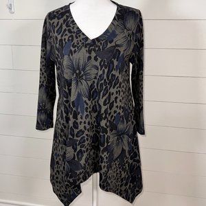 Chelsea & Theodore Gray, Black & Blue Floral/Animal Print Long Sleeve Tunic Sz M
